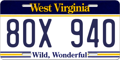 WV license plate 8OX940