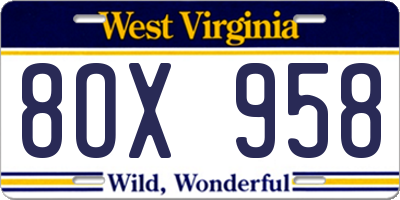 WV license plate 8OX958