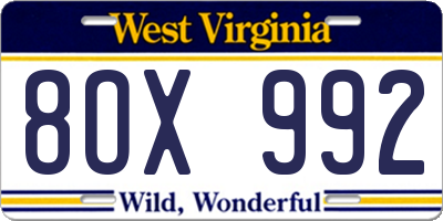 WV license plate 8OX992