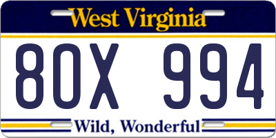 WV license plate 8OX994