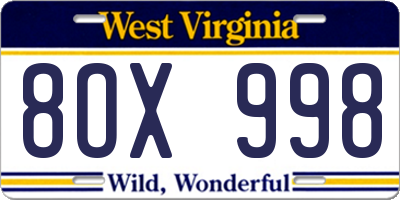 WV license plate 8OX998