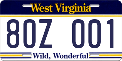 WV license plate 8OZ001