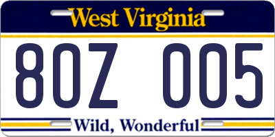 WV license plate 8OZ005