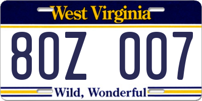 WV license plate 8OZ007
