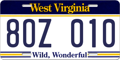 WV license plate 8OZ010