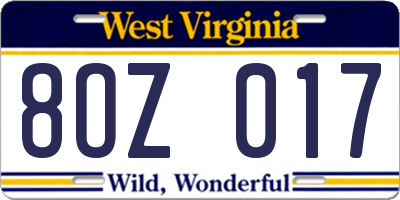 WV license plate 8OZ017