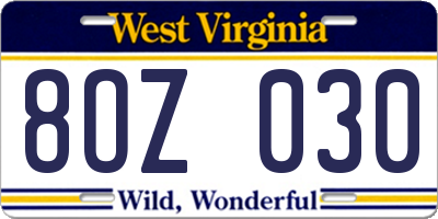 WV license plate 8OZ030