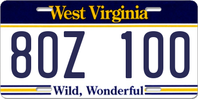 WV license plate 8OZ100