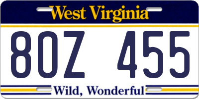 WV license plate 8OZ455