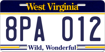 WV license plate 8PA012