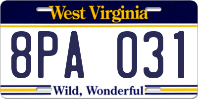 WV license plate 8PA031