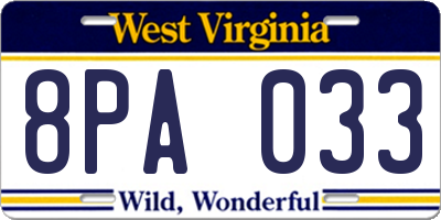 WV license plate 8PA033