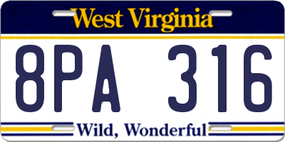 WV license plate 8PA316