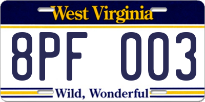 WV license plate 8PF003