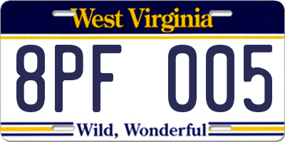 WV license plate 8PF005