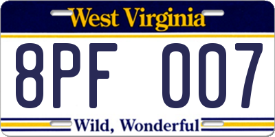WV license plate 8PF007