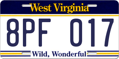 WV license plate 8PF017