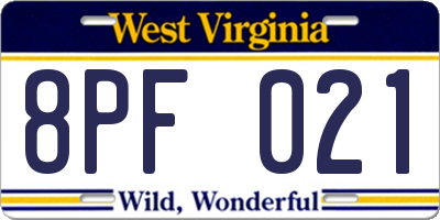 WV license plate 8PF021
