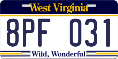 WV license plate 8PF031