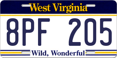 WV license plate 8PF205