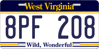 WV license plate 8PF208