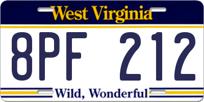 WV license plate 8PF212
