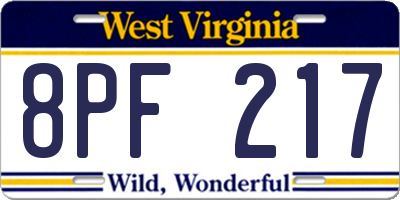 WV license plate 8PF217