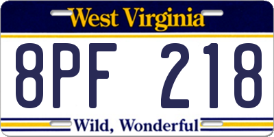 WV license plate 8PF218