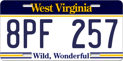 WV license plate 8PF257