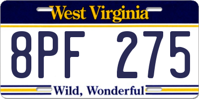 WV license plate 8PF275