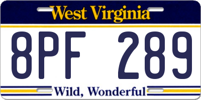 WV license plate 8PF289