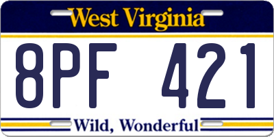 WV license plate 8PF421