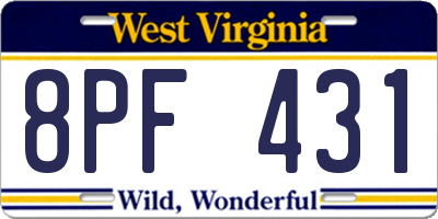WV license plate 8PF431