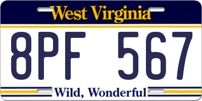 WV license plate 8PF567