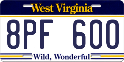 WV license plate 8PF600