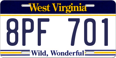 WV license plate 8PF701