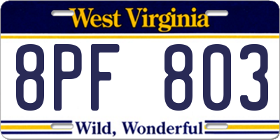 WV license plate 8PF803