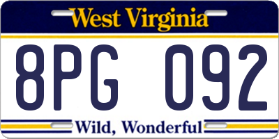 WV license plate 8PG092