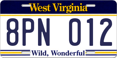 WV license plate 8PN012