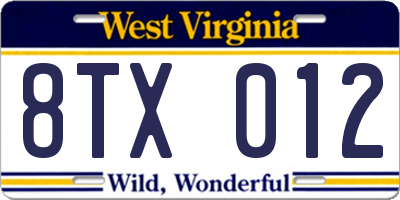 WV license plate 8TX012