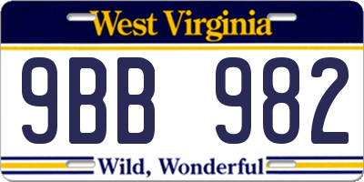 WV license plate 9BB982
