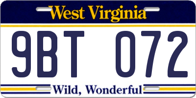 WV license plate 9BT072
