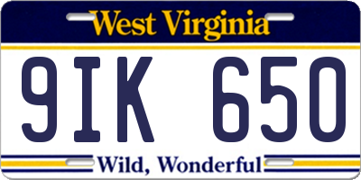 WV license plate 9IK650