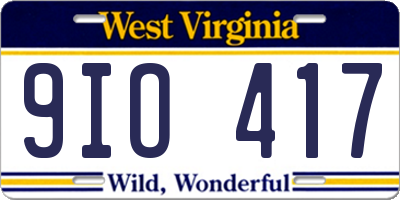 WV license plate 9IO417