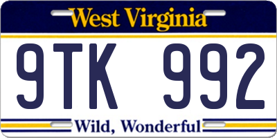 WV license plate 9TK992