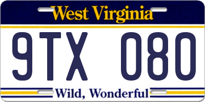 WV license plate 9TX080