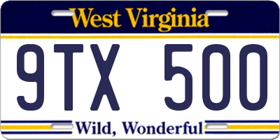WV license plate 9TX500