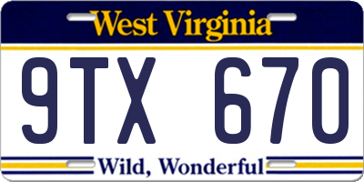 WV license plate 9TX670