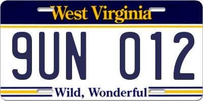 WV license plate 9UN012