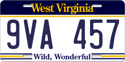 WV license plate 9VA457